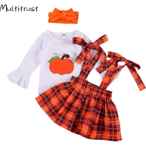 Toddler Girls Clothe Halloween/Christmas Outfits Cute Print Long Sleeve T-Shirt Tops + Plaid Suspender Skirt + Headband 3PCS Set