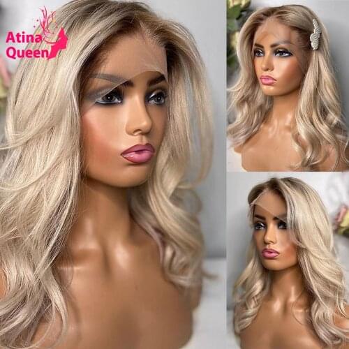 Glueless Ash Blonde Lace Deep Part Wig HD Transparent Light Brown Roots Human Hair Wig Pre Plucked 150 Density Wavy For Women