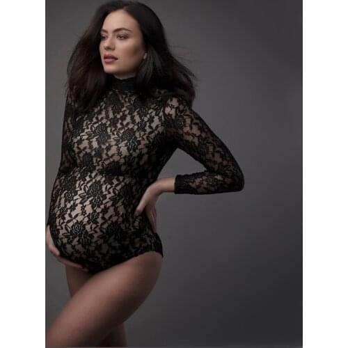 See Through Lace Maternity Photography Props Jumpsuit Turtle Neck Stretchy Lace Pregnancy Photo Shoot Bodysuit Long Sleeve
