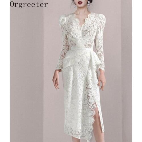 Spring Fashion New OL Elegant White Lace Dress Runway Sexy V Neck Puff Sleeve Ruffles Bodycon Split Party Midi Dress Women Robe