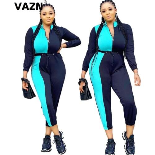 VAZN 2020 Sport Running Gym Rompers Patchwork Bandage Jumpsuit Sexy Fashion Full Sleeve Pants Office V-neck Jumpsuits