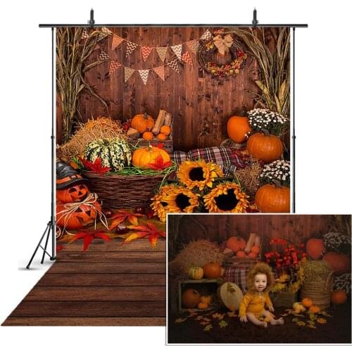 Autumn Pumpkin Photography Backdrops Sunflower Flowers Wood Board Children Birthday Photocall Background Photo Studio