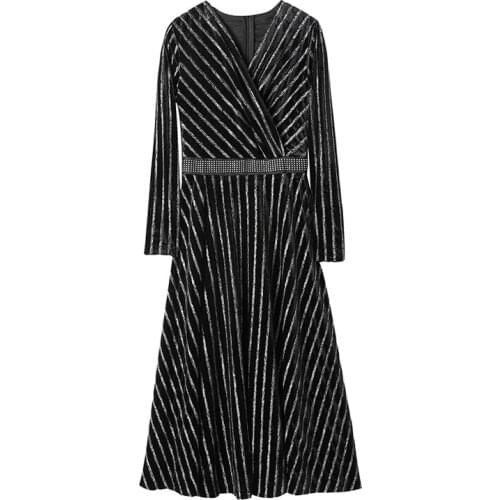 PERHAPS U Empire V Neck Long Sleeve Striped Diamonds Midi Evening Paty Dress Winter Black Sash Button D1476