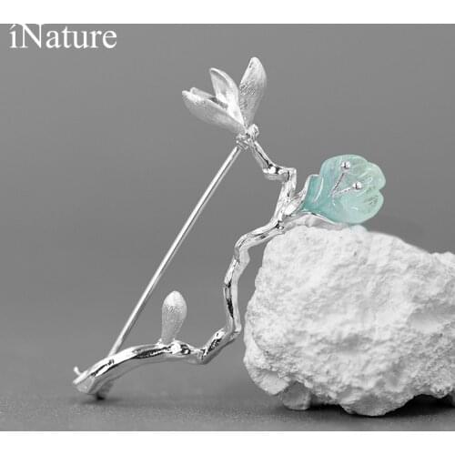 INATURE 925 Sterling Silver Natural Aquamarine Magnolia Flower Brooches For Women Wedding Jewelry