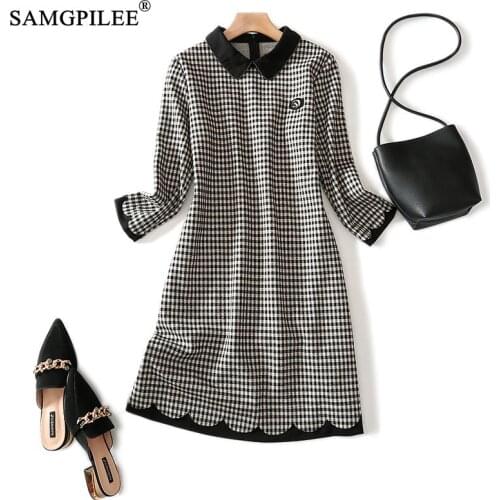 Womens Clothing 2021 New Casual A-line Plaid Three Quarter Sleeve Woman Empire Turn-down Collar Dresses Women Autumn 4XL