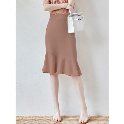 Womens Summer High Waist Mermaid Knee Length Skirt Streetwear Solid Color Ruffle Skirt Elegant Ladies Office Skirts