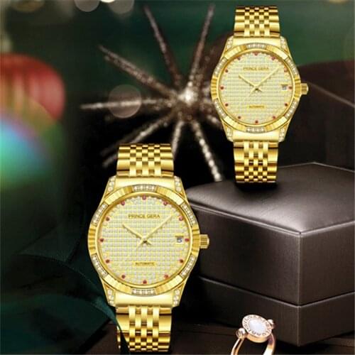 PRINCE GERA Luxury Watches For Women Ladys Automatch Shining Diamonds Case Diamonds Dial Female Mechanical 18K Gold Watch