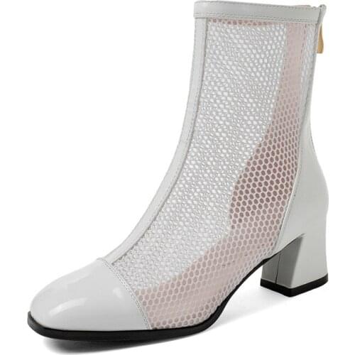 ZJVI Woman Fashion Summer Patent Ankle Boots Women Mesh 5.5cm Square heels Boots For Girls Shoes 2021 Black Ladies Toe Sandals