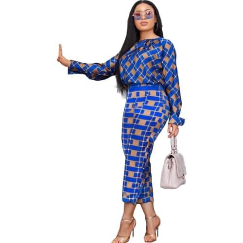 Two Piece Suit African Clothing New Fashion Women Long Sleeves Loose T-Shirt Checked Pants Suit Spring Autumn Casual Suit 2021