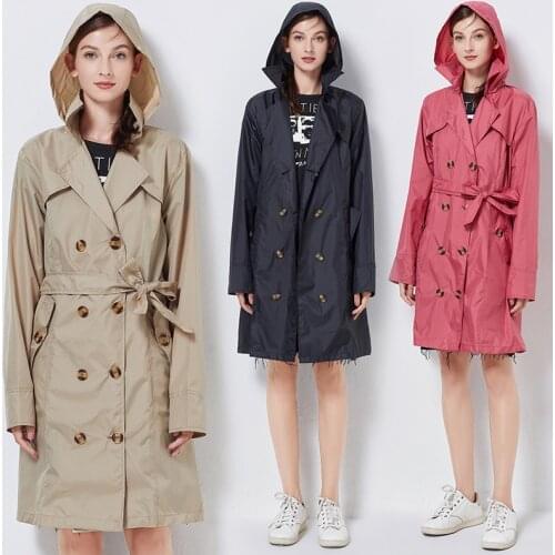 Retro British style womens raincoat fashion large belt waist closing slim double row button raincoat lightweight portable outdo