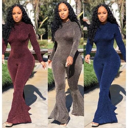 Bling Lurex Sexy Bell Bottom Bodysuit Long Sleeve Striped Flare Jumpsuit Party Night Club Ladies Plus Size Bodysuit HB908