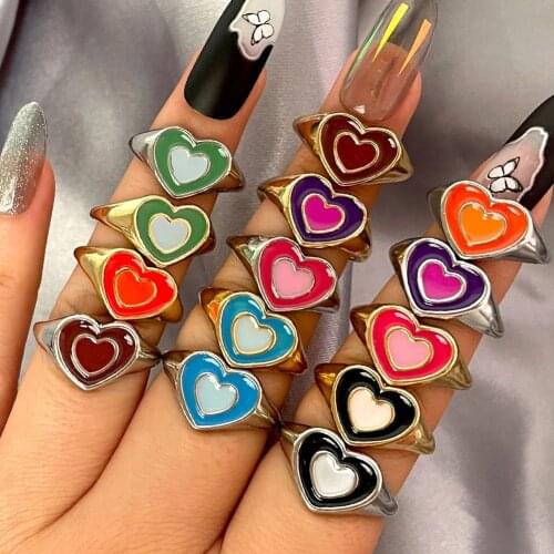 Trendy Y2K Vintage Double Layer Love Heart Ring For Women Dripping Oil Enamel Color Contrast Gold Color Rings Friendship Jewelry
