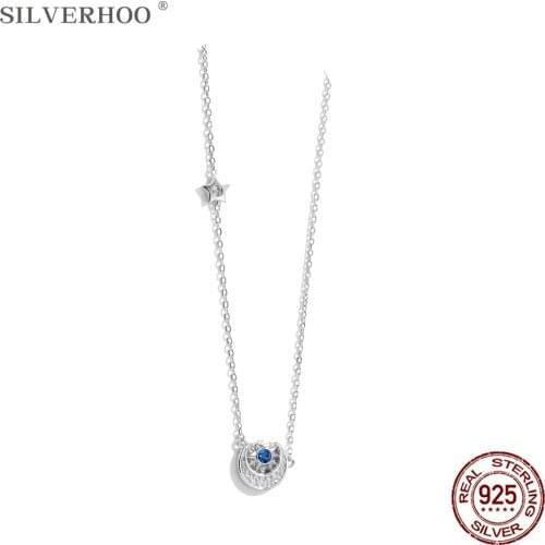 SILVERHOO 925 Sterling Silver Pendant Necklace For Women Fashion Stars and the moon Austria Crystal Necklace Classic Gift Sale