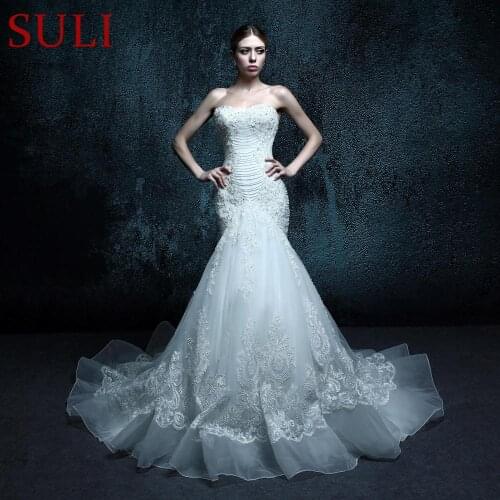 ZXB6 SuLi Sexy Sweetheart Sleeveless Mermaid Wedding Dresses Beads Chapel Train Wedding Gowns