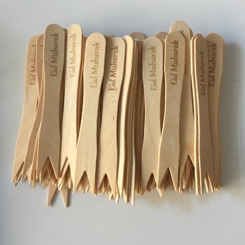 100pcs Eid Mubarak Party Two Prong Wooden Forks Disposable Mini Fruit Chip Forks with Text