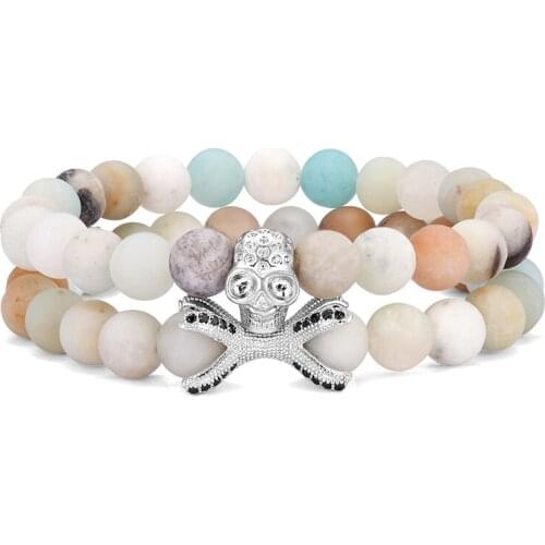 2 Pieces / Set New skull set bracelet natural stone fashion handmade classic strand beaded bracelet mens jewelry gift