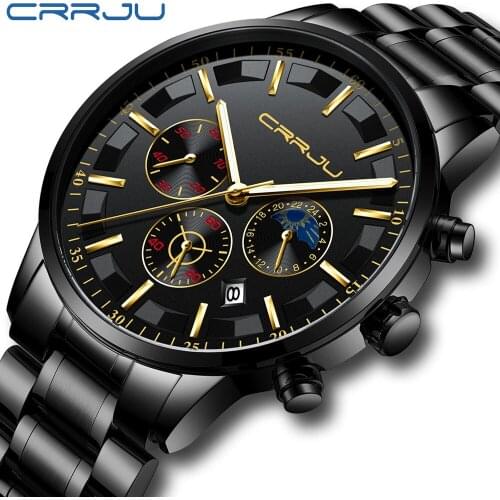 CRRJU Luxury Brand Mens Sport Watch Gold Full Steel Quartz Watches Men Date Waterproof Military Clock Man relogio masculino