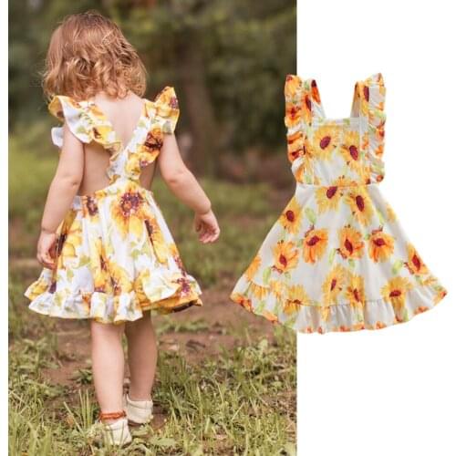 Citgeett Summer Kids Girls Sunflower Print Square Collar Fly Sleeve Ruffled Yellow Clothes 2-7Years