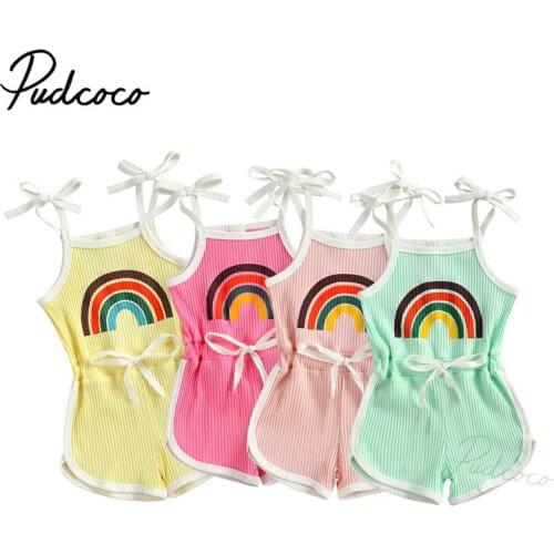 Infant Girls Sleeveless Ribbed Playsuit Rainbow Printed Pattern Off shoulder Suspender One-piece Blue/ Rosy/ Yellow/ Pink 6M-4T