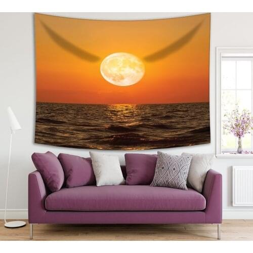 Tapestry Full Moon Rising over Empty Ocean Night View Nature Romantic Peaceful Orange and Brown Seascape Printed