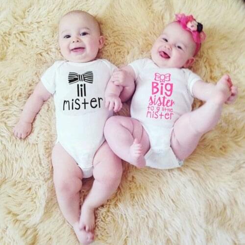Big Sister Little Mister Twin Clothes Toddler Baby Boy Girl Romper Newborn Twins Jumpsuit Cute Baby Costume 0-24M
