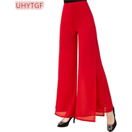 UHYTGF Summer Chiffon Woman high Waist pants 2018 Thin Wide leg Flared pants Women Plus size Fashions Loose Red pants Women 228