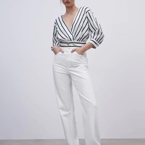 Summer Ladies Striped Printed Shirt Short Deep V-neck Top Casual Fashion Blouse For Women