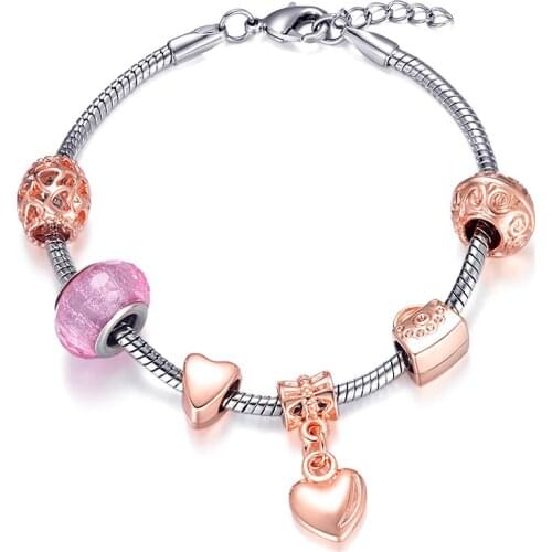 Fashion Pink Beads Charm Bracelet For Women Rose Gold Love Pendant Brand Bracelet Wedding Engagement Jewelry Gifts