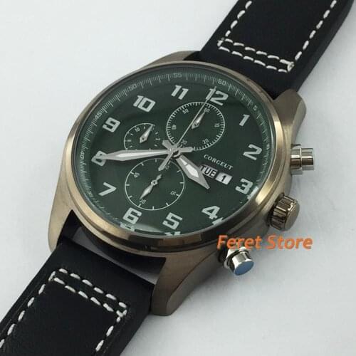 Corgeut 41mm Business chronograph watch copper plated case Luminous hands green dial date week leather strap mens quartz watch