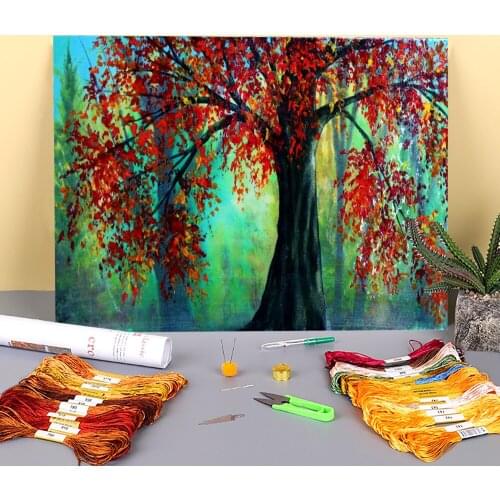 Natural Scenery Autumn Leaves Printed Water-Soluble Canvas 11CT Cross Stitch Embroidery Set DMC Threads Handiwork Jewelry
