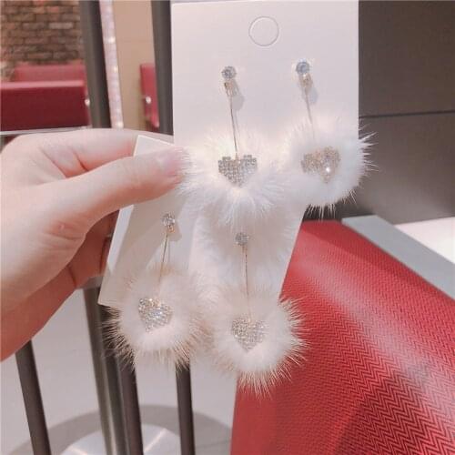 New Fashion Mink Hair Tassel Earrings Earrings for Women Heart-shaped Crystal Earrings Drop Cute Female Jewelry Accessories