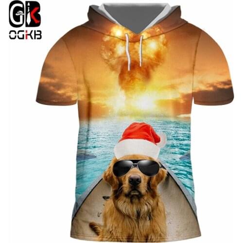 OGKB Christmas 3D Printed Fish And Sunglasses Dog T-shirt Personality Explosion Background Spandex Mens Hooded Tshirt