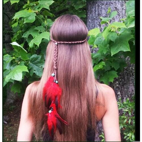 Boho Adult Hair Band red Feather Pendant Headband Festival Hippie Rope Knitted Belt Elastic Hairwear Headdress Turkish Jewelry