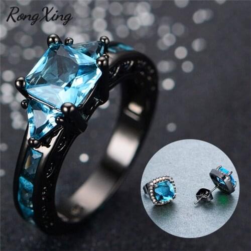 RongXing Classic Square Lake Blue Zircon Stud Earrings Rings For Women Black/White Gold Filled December Birthstone Jewelry Sets