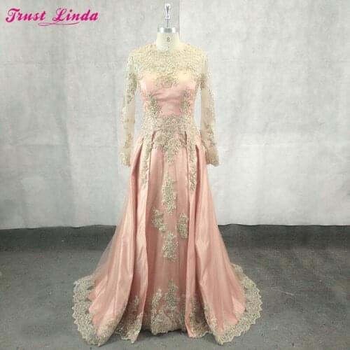 Luxury Pink A-line Mother Dresses Attachable Train Long Sleeves Gold Appliques Beads Pearls Sparkly Prom Gowns 2018 Real Photo