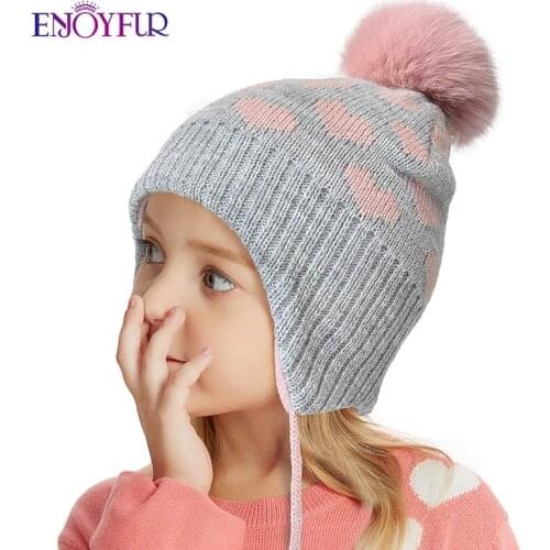 ENJOYFUR Winter children knit hats for girls boys natural fox fur pompom kids caps thick warm cute elastic ski earflap beanies