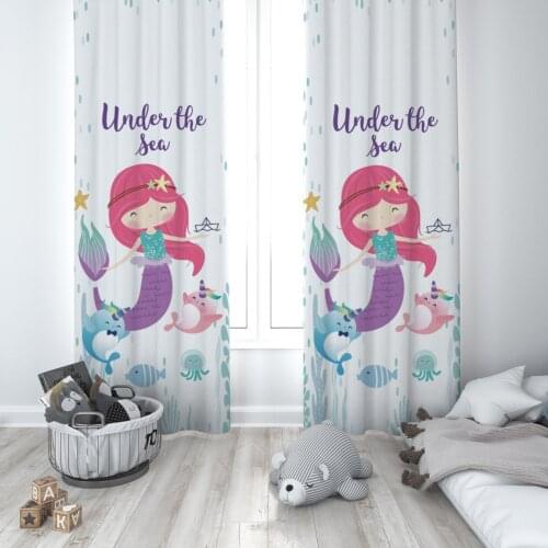 Curtains Children 3D Printed Decorative Items Home Childrens Room Sweet Mermaid Fish Pink Sea Octopus Model 035