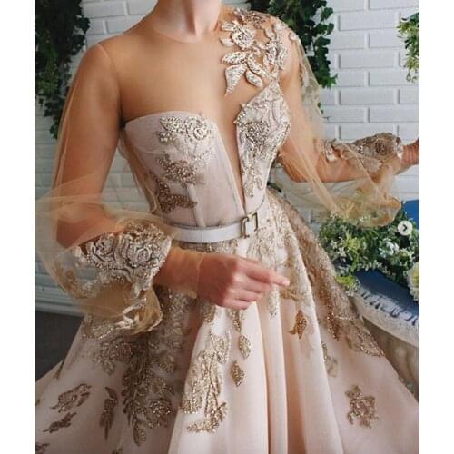 Champagne prom dresses 2020 long sleeve lace appliques beading flowers a line beaded evening dresses long evening gowns