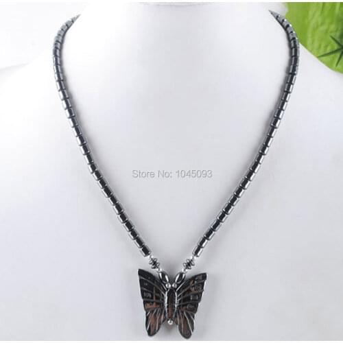 YOWOST Black Hematite Gem Stones Beads Butterfly Pendant Necklace Strand 17.5 inches Women Jewelry QF3034