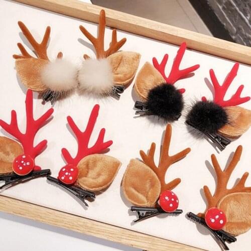 1 Pair Korea Fashion Christmas XMAS Cute Hair Clips Deer Antlers Mushroom Faux Fur Ball Girls Women Hairpins Hair Accessories