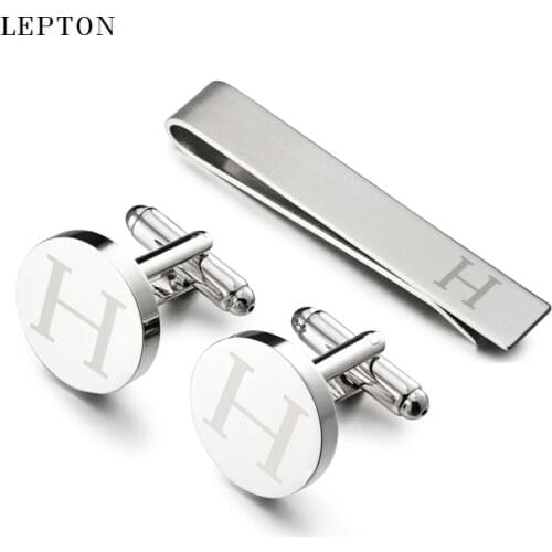 Lepton Letters Cufflinks & Tie Clips Set Silver Color Letters Of An Alphabet H Cufflinks For Mens Shirt Cuffs Cufflink Gemelos