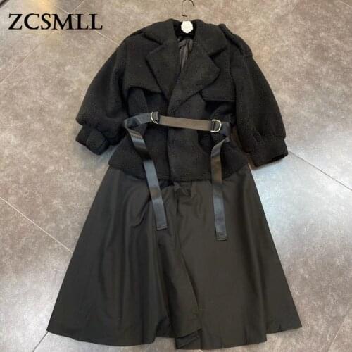 ZCSMLL 2021 Winter Lapel Bubble Long-sleeved Black Jacket Stitching Cloth Belt Waist Lamb Wool Cotton Loose Women Coat