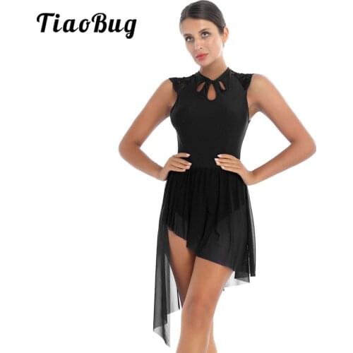 Women Figure Skating Dress Sleeveless Mesh Skirted Gymnastics Ballet Leotard Dance Dress Adult Stage Performance Costume
