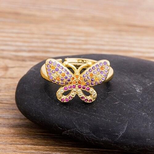 Female Open Rings Charm Cute Butterfly Rainbow Crystal Cubic Zirconia Adjustable Rings For Women Wedding Party Banquet Jewelry