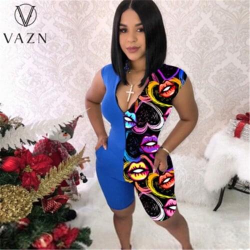 VAZN 2021 Hot Sale Summer Beach Colorful Print V-neck Short Sleeve Party Beach Playsuits Short Pant Bandage Rompers