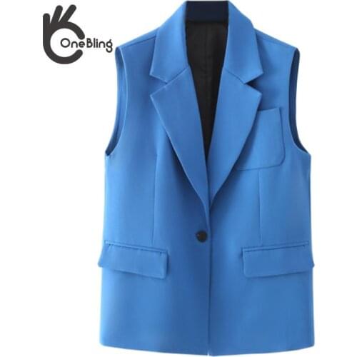 OneBling 2021 New Women Vest Coat V-Neck Sleeveless Oversize Blazer Style Vest Fashion Casual Chic Lady Female Blue Coats