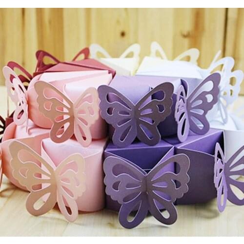 10pcs Butterfly Laser Cut Hollow Carriage Favors Box Gifts Candy Dragee Box with Ribbon Baby Shower Wedding Event Party Supplies
