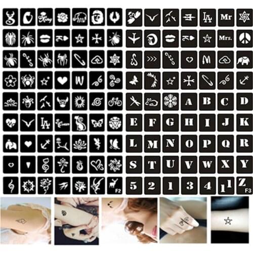 126pcs/set Henna Tattoo Stencils for Painting Letters Lips Lotus Cat Flower Glitter Airbrush Tattoo Stencils Pochoir Peinture