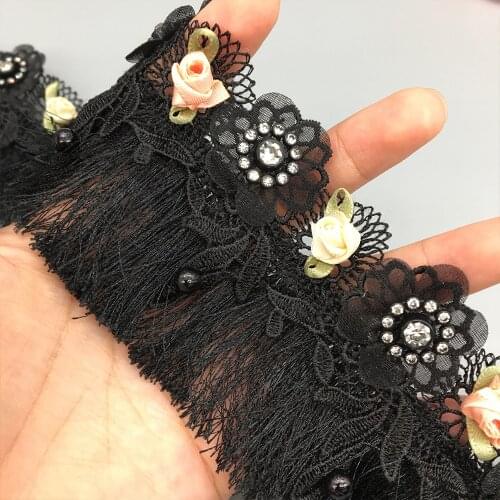 10x Diamond Black Fringe Tassel Mesh Lace Trim 3D Flower Embroidered Lace Ribbon Fabric Sewing Craft Dress DIY Accessories 65mm
