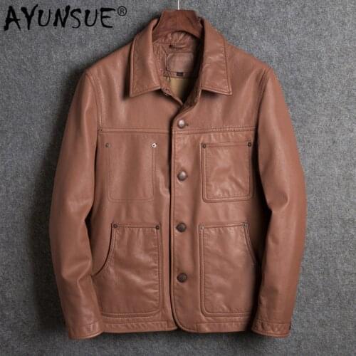AYUNSUE Genuine Cow Leather Jacket Men 100% Cowhide Leather Coat Spring Autumn Fashion Short Vintage Leather Jackets 1812 KJ4545